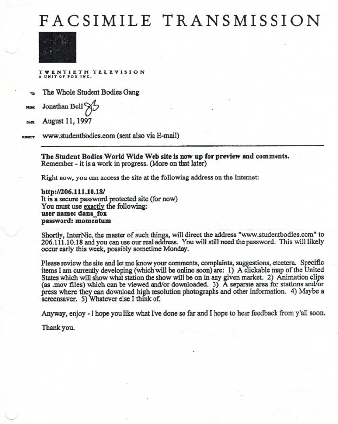 memo about Student Bodies website