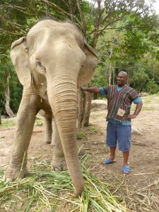 Colin with hand on elephant