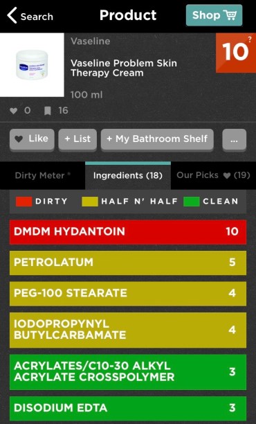 Think Dirty rating for Vaseline Problem Skin Therapy