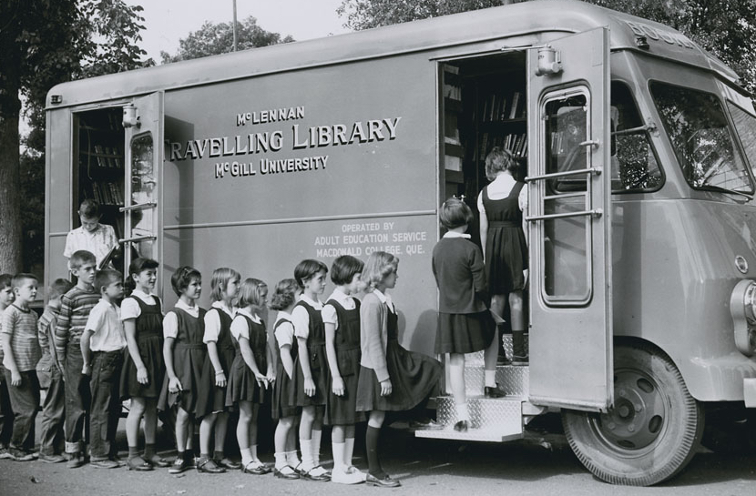 Students of St. Francis School in Richmond lining up at McGill's McLennan Travelling Library