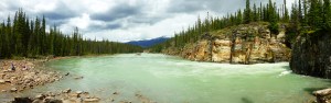 green water with mountains and pine trees