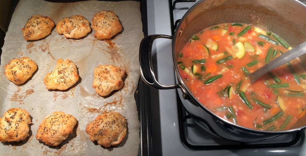 Homemade rolls with minestrone soup