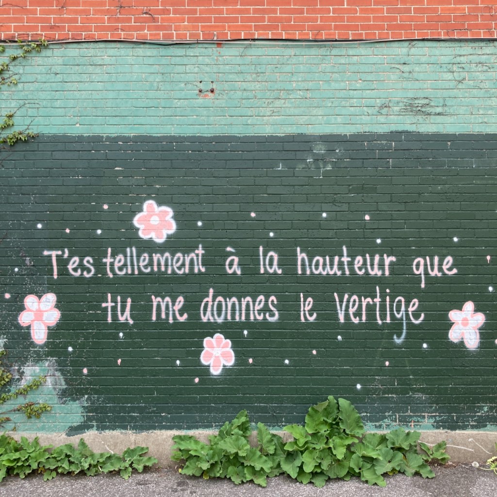 Mural on brick wall with flowers and pink letter spelling out "T'es tellement à la hauteur que tu me donnes le vertige"